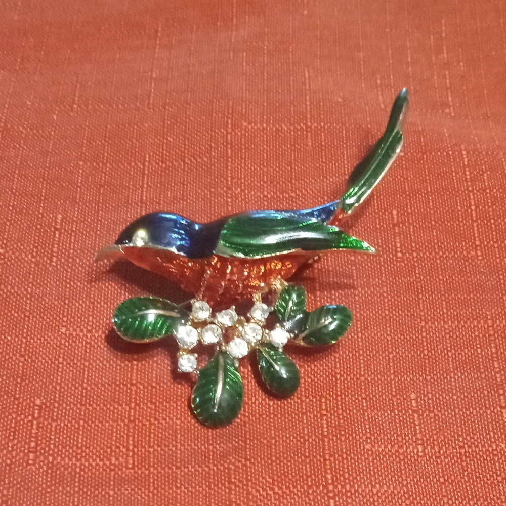 Beautiful Enamel Bird On A Branch Brooch with Decorative Rhinestones